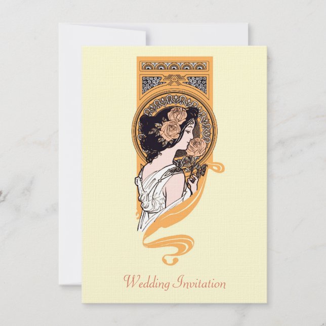 Vintage art nouveau orange wedding invitation (Front)