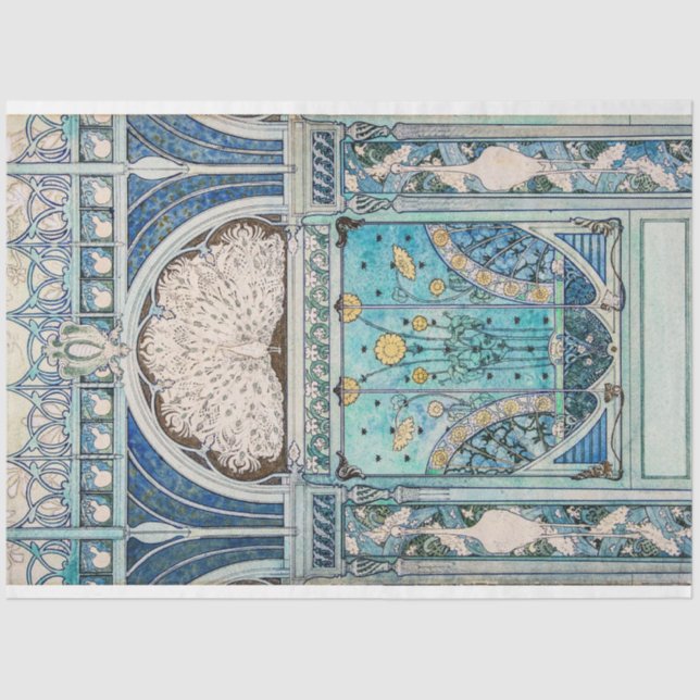 Vintage Art Nouveau Peacock, Cranes & Sunflowers  Tissue Paper (Front)