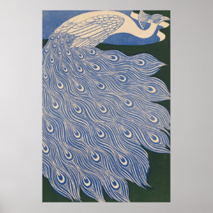 Vintage Art Nouveau Peacock Print, Retro Blue Poster