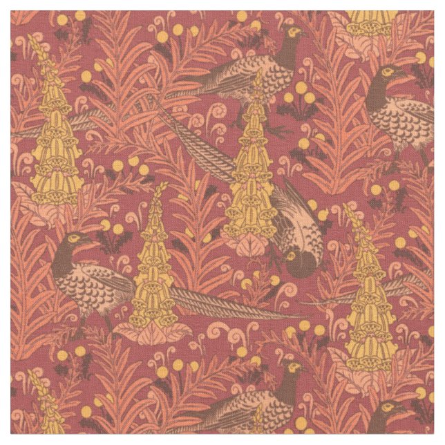 Vintage Art Nouveau Pheasants & Foxgloves Pattern Fabric (Close Up)