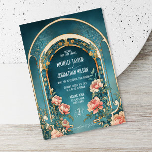 Vintage Art Nouveau Pink Peonies Alfonse Mucha Invitation
