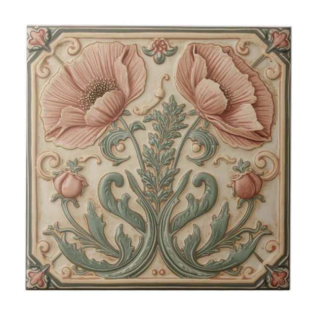 Vintage Art Nouveau pink Poppies  Floral  Tile (Front)