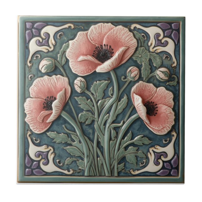 Vintage Art Nouveau pink Poppies  Floral  Tile (Front)