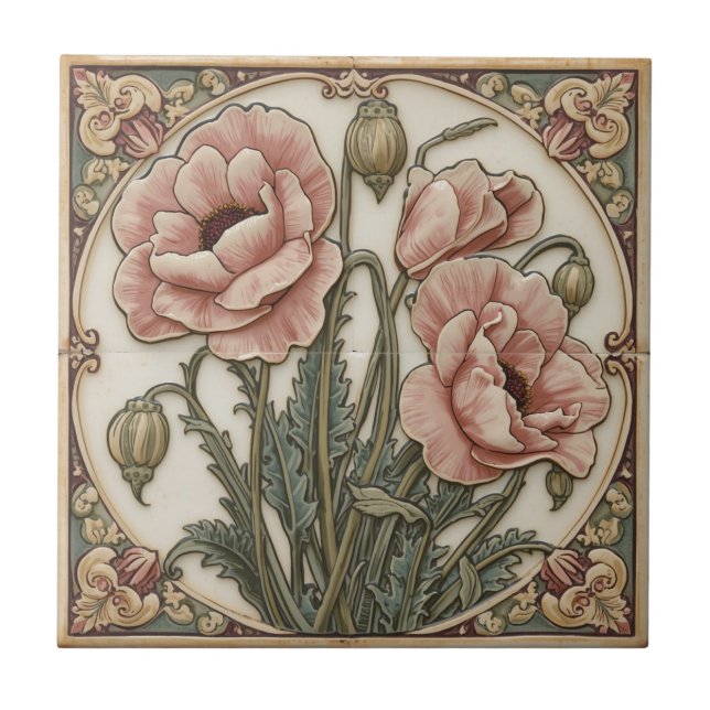 Vintage Art Nouveau pink Poppies  Floral  Tile (Front)