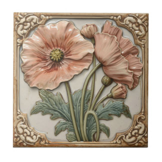 Vintage Art Nouveau pink Poppies  Floral  Tile