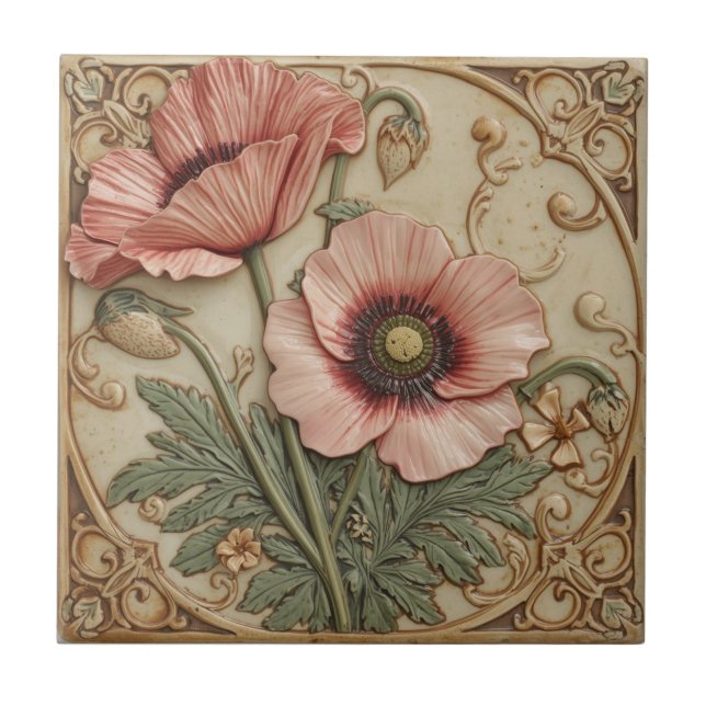Vintage Art Nouveau pink Poppies  Floral  Tile (Front)