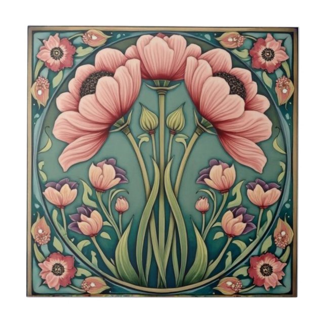Vintage Art Nouveau pink Poppies  Floral  Tile (Front)