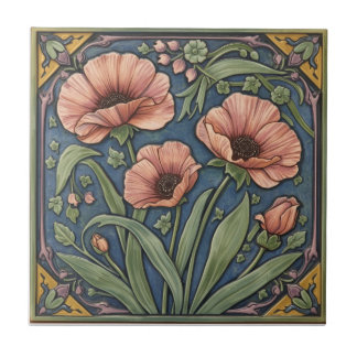 Vintage Art Nouveau pink Poppies  Floral  Tile