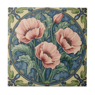 Vintage Art Nouveau pink Poppies  Floral  Tile