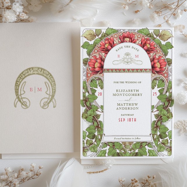 Vintage Art Nouveau Red Lotus Save the Date Invitation (Creator Uploaded)