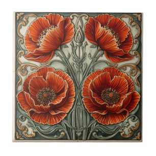 Vintage Art Nouveau Red Poppies Floral Tile