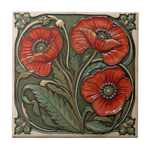 Vintage Art Nouveau Red Poppies  Floral  Tile