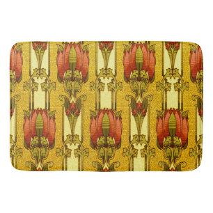 Vintage Art Nouveau Red Tulip Floral Pattern Bath Mat