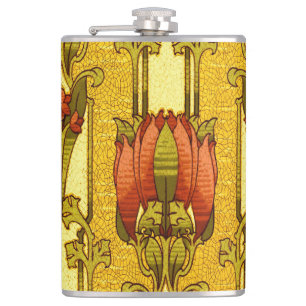 Vintage Art Nouveau Red Tulip Floral Pattern Hip Flask