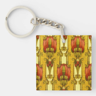 Vintage Art Nouveau Red Tulip Floral Pattern Key Ring
