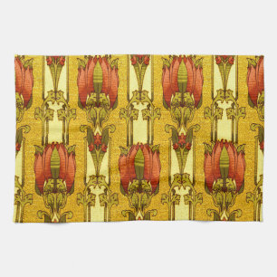 Vintage Art Nouveau Red Tulip Floral Pattern Tea Towel