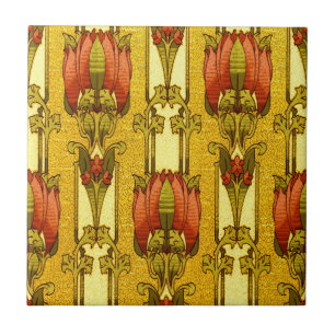 Vintage Art Nouveau Red Tulip Floral Pattern Tile