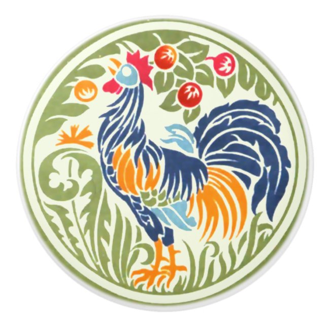 Vintage Art Nouveau Rooster And Fruit Ceramic Knob (Front)
