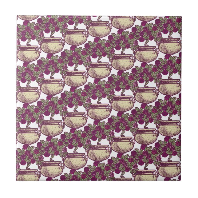 Vintage Art Nouveau rose tree maroon pattern Tile (Front)
