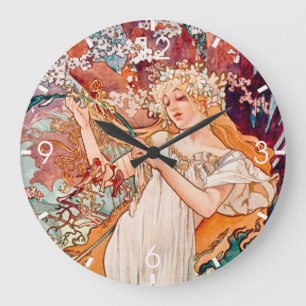 Vintage Art Nouveau Spring by Alphonse Mucha Large Clock