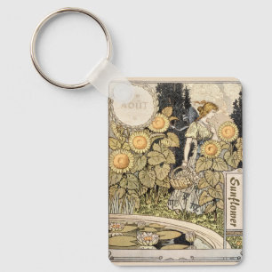 Vintage Art Nouveau Sunflower Garden Grasset Woman Key Ring