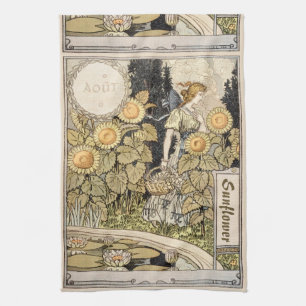 Vintage Art Nouveau Sunflower Garden Grasset Woman Tea Towel