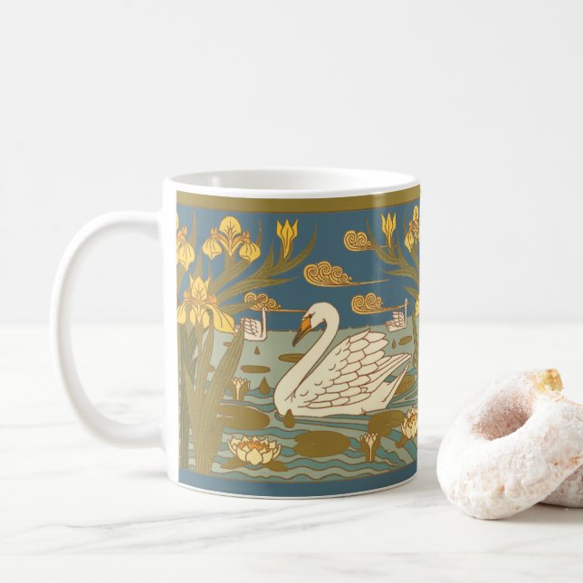Vintage Art Nouveau Swans & Irises Frieze Coffee Mug (With Donut)