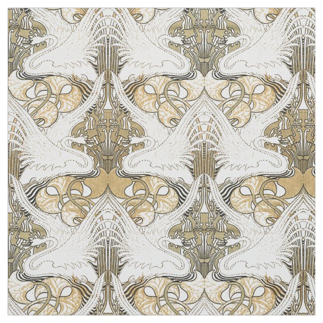 Vintage Art Nouveau Swans & Irises Pattern Fabric (Swatch)