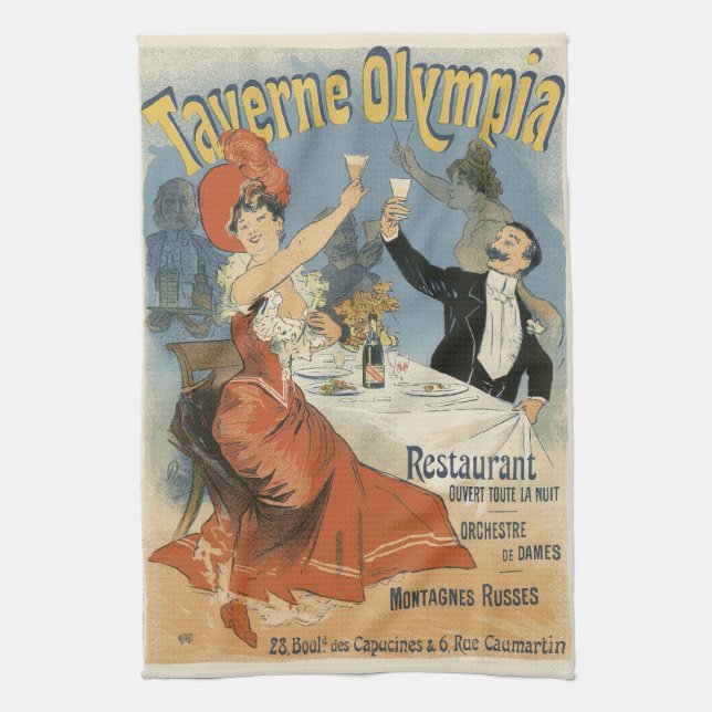 Vintage Art Nouveau, Taverne Olympia Restaurant Tea Towel (Vertical)