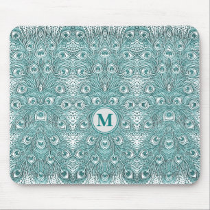 Vintage Art Nouveau Teal Peacock Feathers Monogram Mouse Mat
