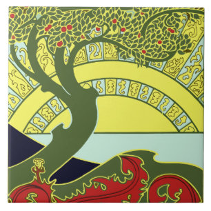 Vintage Art Nouveau Tree & Sunset by G. Combaz Tile