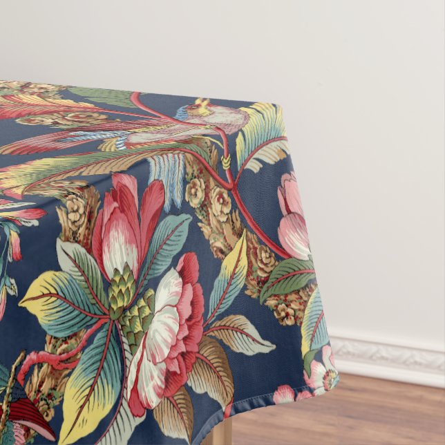 Vintage Art Nouveau Tropical Parrots Pattern Tablecloth (In Situ)