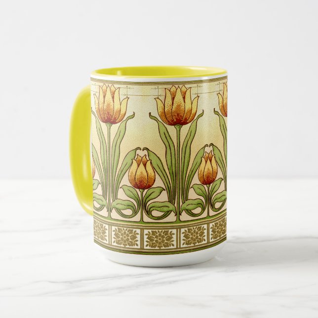 Vintage Art Nouveau Tulip Flower Pattern Frieze Mug (Front Left)