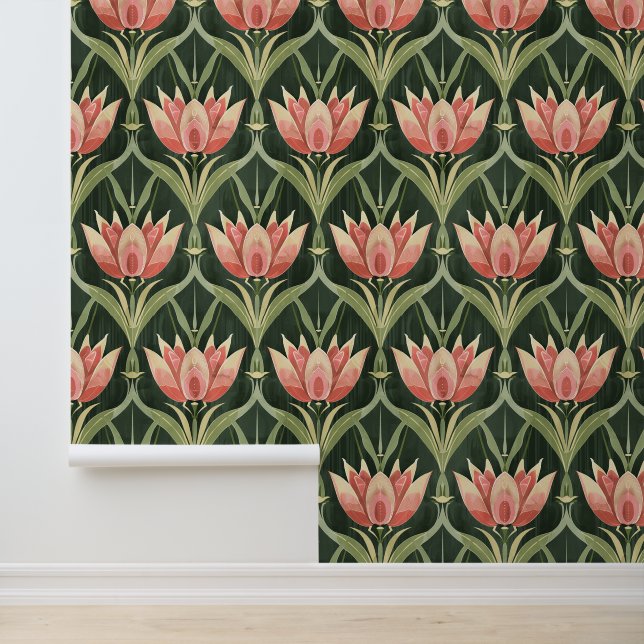 Vintage Art Nouveau Tulip Pattern Removable Wallpaper (Application)