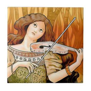 Vintage Art Nouveau Violin Poster Elegant Music Tile