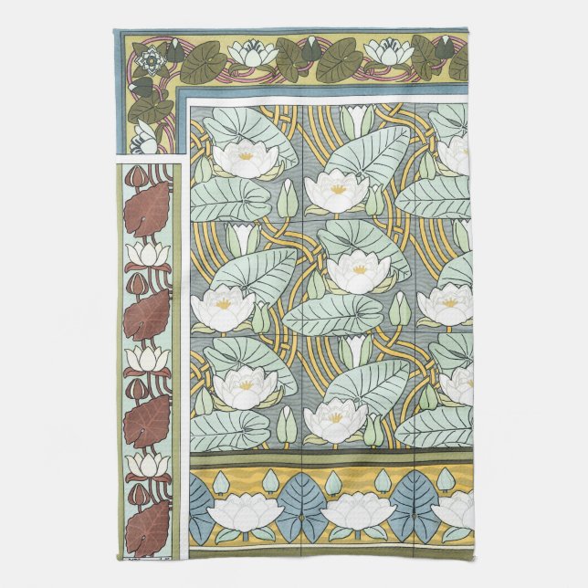 Vintage Art Nouveau, Waterlily Garden Flowers Tea Towel (Vertical)