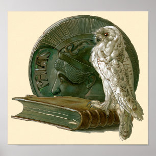 Vintage Art Nouveau with an Owl, Coin and a Book Poster