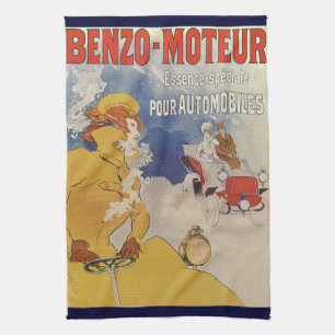 Vintage Art Nouveau, Woman Antique Convertible Car Tea Towel