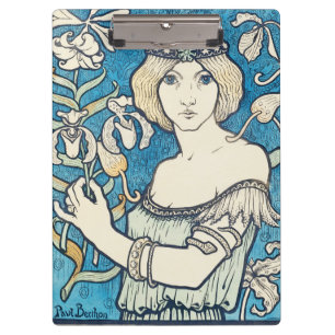 Vintage Art Nouveau Woman Blue Floral Poster Print Clipboard