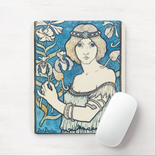Vintage Art Nouveau Woman Blue Floral Poster Print Mouse Mat