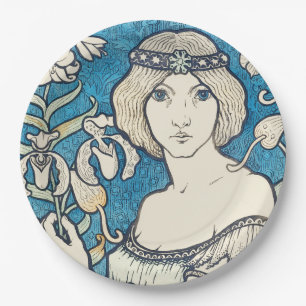 Vintage Art Nouveau Woman Blue Floral Poster Print Paper Plate