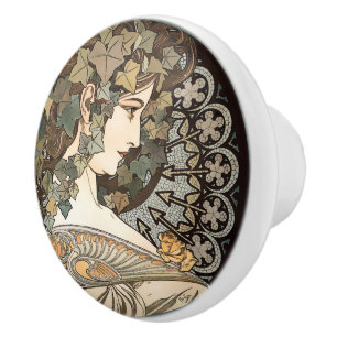 Vintage Art Nouveau Woman by Alphonse Mucha Ceramic Knob