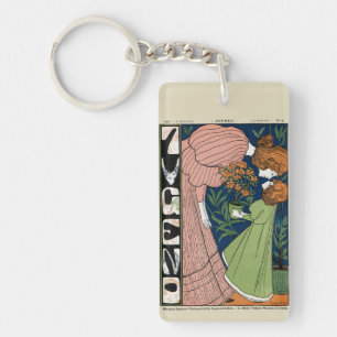 Vintage Art Nouveau Woman & Girl Green Dress Key Ring