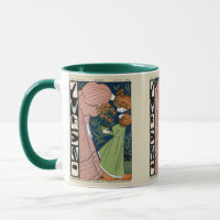 Vintage Art Nouveau Woman & Girl Green Dress