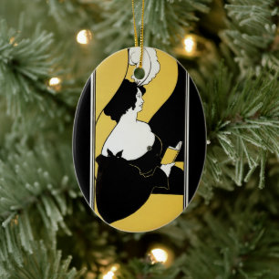 Vintage Art Nouveau, Woman Reading a Yellow Book Ceramic Tree Decoration