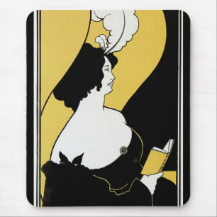 Vintage Art Nouveau, Woman Reading a Yellow Book Mouse Mat