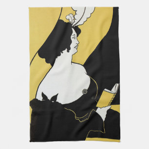 Vintage Art Nouveau, Woman Reading a Yellow Book Tea Towel