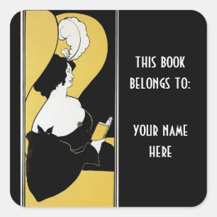 Vintage Art Nouveau, Woman Reading Book Bookplate Square Sticker