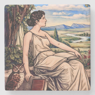 Vintage Art Nouveau Woman Reading Under Tree Stone Coaster