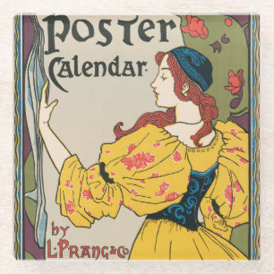 Vintage Art Nouveau Woman Yellow Dress Poster Glass Coaster